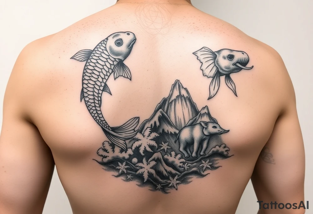 Koi fish and elephants with a wave design and underwater mountains  to go on the arm with alot of shading and intricate details tattoo idea