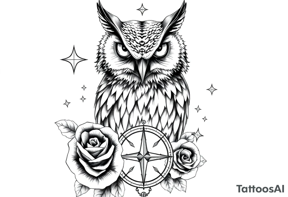 an owl,compass,roses,stars. tattoo idea