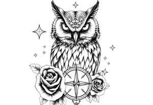 an owl,compass,roses,stars. tattoo idea