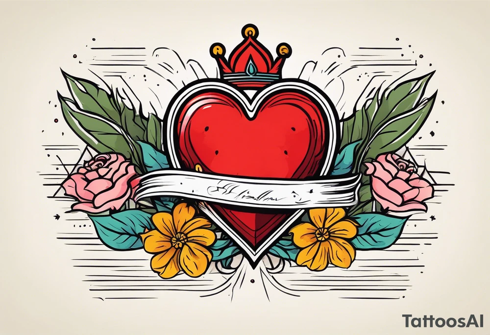 sacred heart vintage traditional tattoo simple sketch old school bold colors with banner christian
sympbol
flowers crown on top of heart tattoo idea