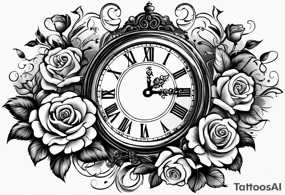 Half sleeve on arm of beautiful old fashion clock with roses, cherubs, angels, and the name chase Peter in a scroll tattoo idea