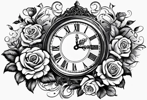 Half sleeve on arm of beautiful old fashion clock with roses, cherubs, angels, and the name chase Peter in a scroll tattoo idea