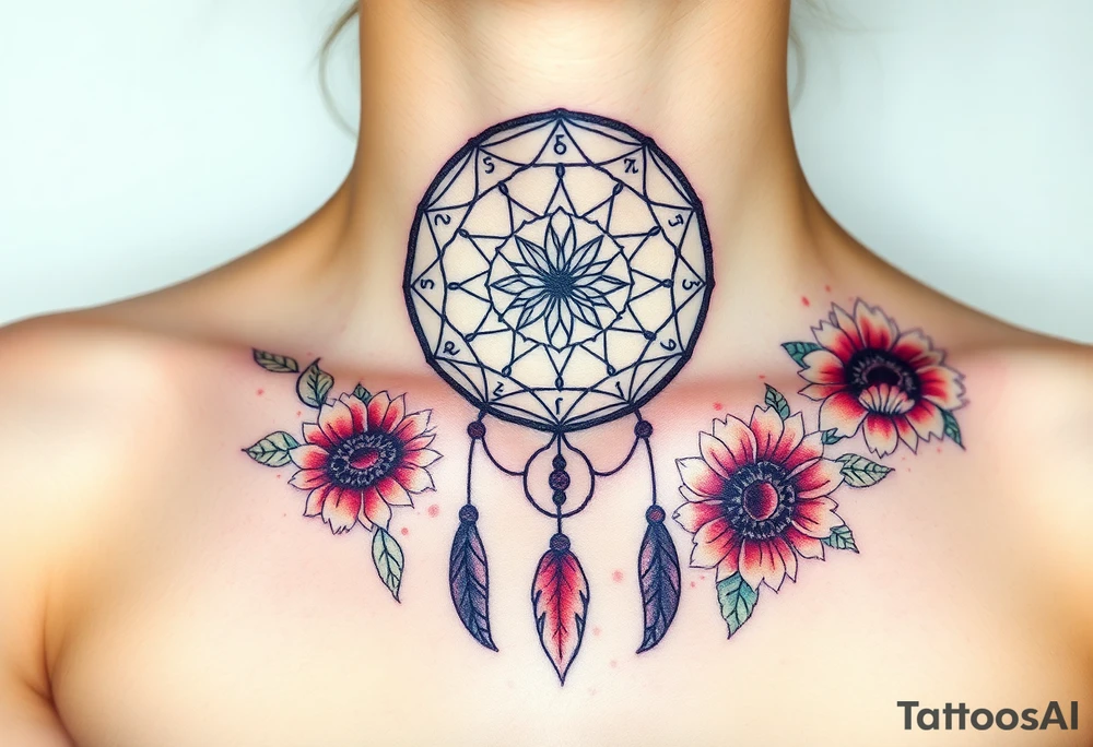 Dreamcatcher with zodiac symbols and protection runes caught in it with tigerlillies roses and sunflowers tattoo idea