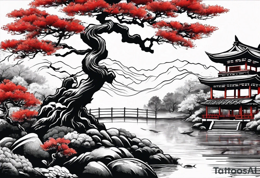 Red japanese oak tree next to a river with koi fish in the water tattoo idea