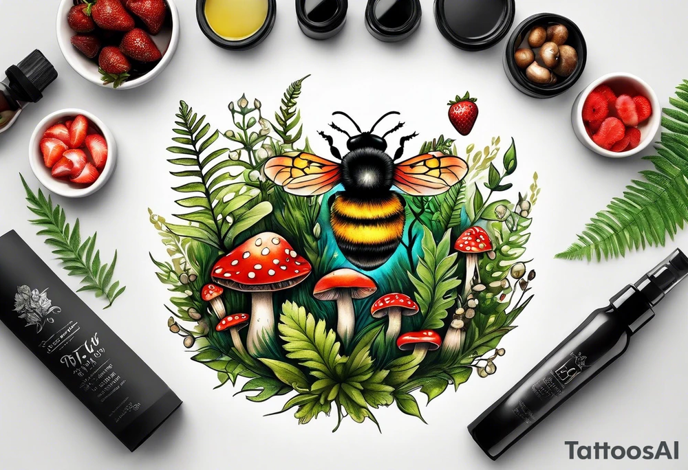 a delicate coloured realistic forest floor inspired tattoo, which must include: grass, ferns, small strawberries, a small flying bumblebee, some very small mushrooms, dead leaves tattoo idea