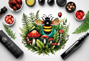 a delicate coloured realistic forest floor inspired tattoo, which must include: grass, ferns, small strawberries, a small flying bumblebee, some very small mushrooms, dead leaves tattoo idea