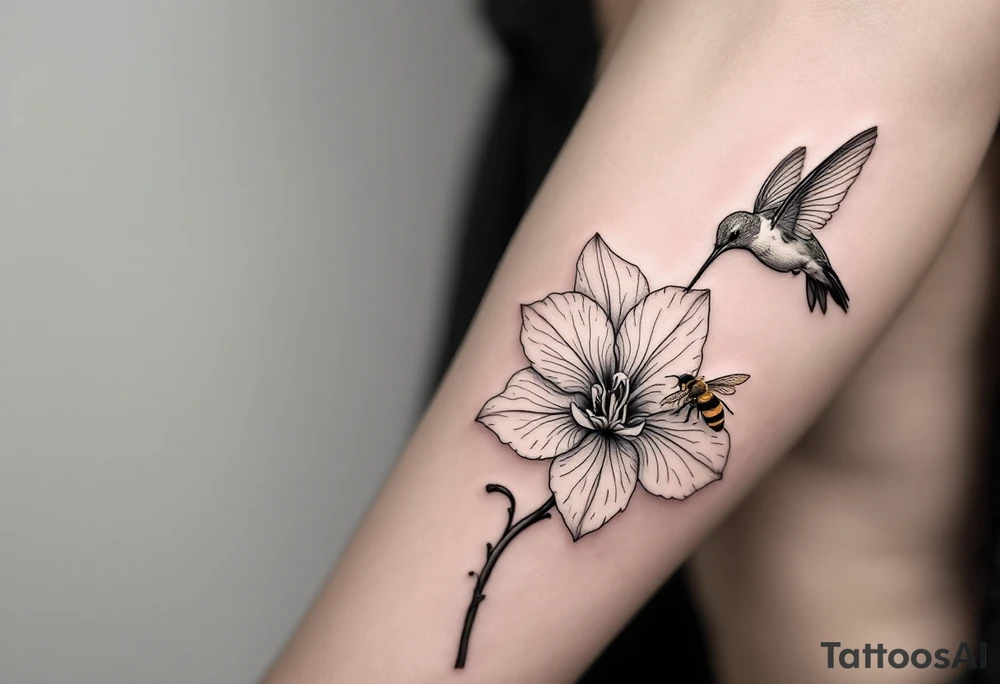A delicate, black and white fine-line tattoo for male, featuring gracefully detailed 2 orchids in full bloom including their stems, with soft, intricate petals and elegant curves. Beside it, a hummingbird hovers mid-flight, its wings drawn with subtle motion lines, its slender beak reaching toward the orchid’s center to drink its nectar. on the other flower there is a bee that is resting tattoo idea