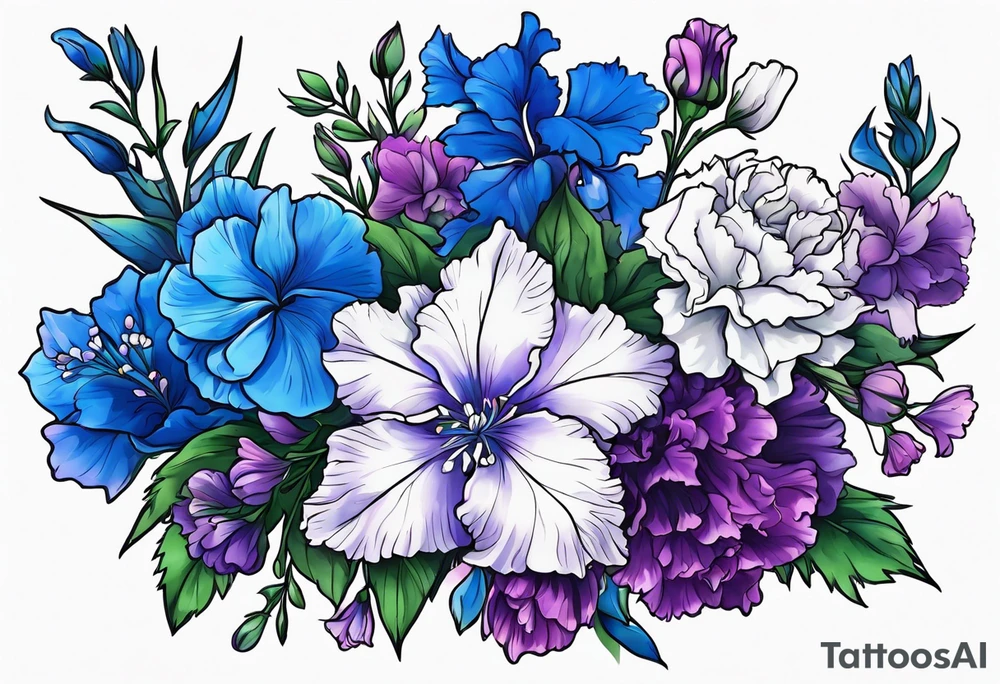 Larkspur flowers and carnation flowers in all color. Colors blue, purple, green, and light blue tattoo idea