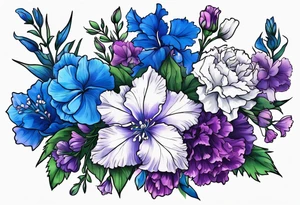 Larkspur flowers and carnation flowers in all color. Colors blue, purple, green, and light blue tattoo idea