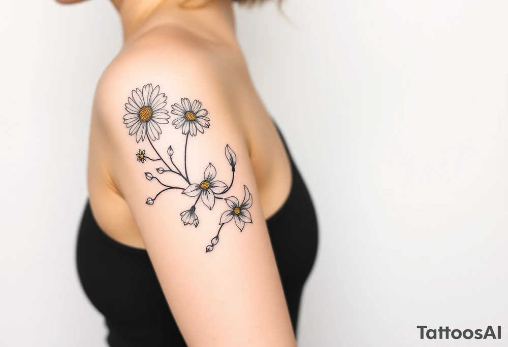 This tattoo is on a woman. It is a line of flowers connected by a single stem. It starts on her left pectoral with a Glaiolus and Daisy together, then the tatoo rises over the left shoulder and down the arm and ends at the elbow. The tattoo will include a primrose, Calla Lily, and a Lilly. It will be light on color except in the petals and has light shading to make it pop. tattoo idea