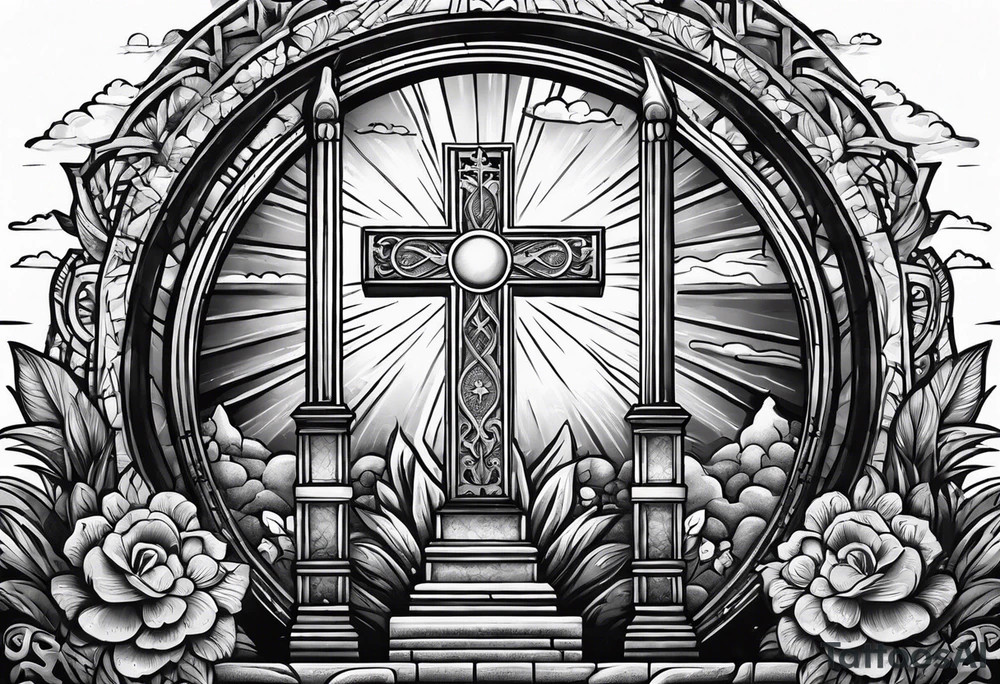 Tomb with cross and sun in the background tattoo idea