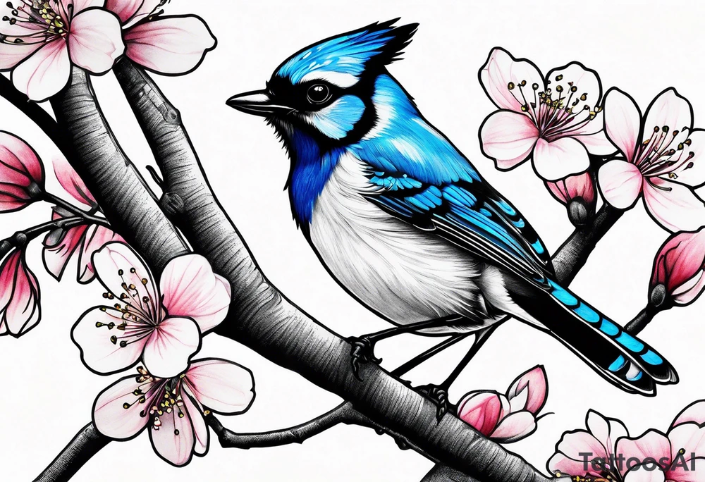 Stellar’s Jay bird on cherry blossoms tattoo for arm tattoo idea