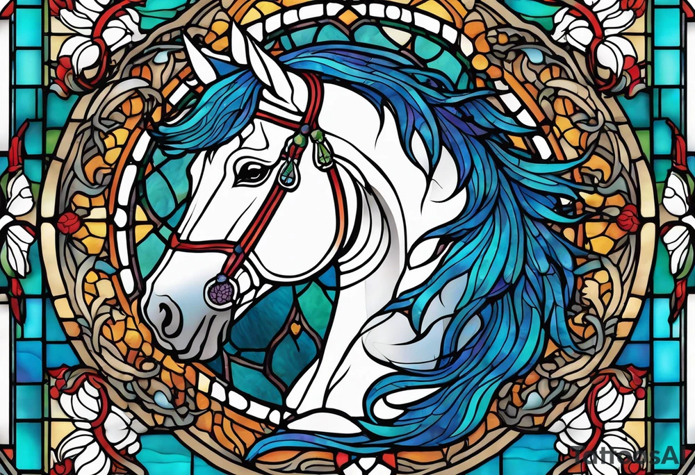 a stained glass window with a horse's head and a thistle in ocean colours. tattoo idea