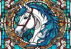 a stained glass window with a horse's head and a thistle in ocean colours. tattoo idea