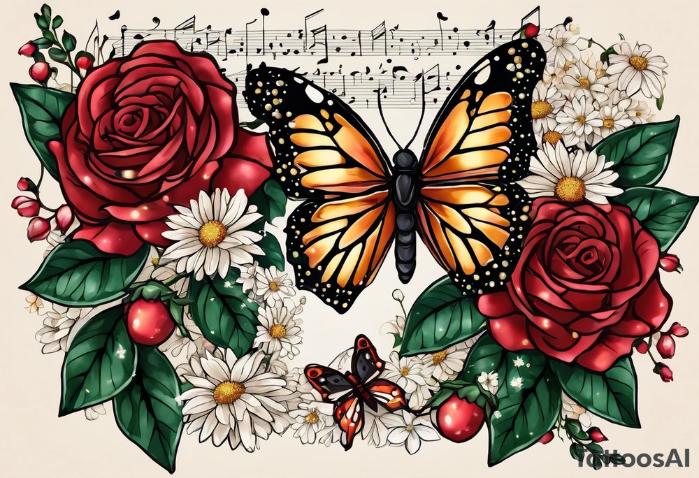please make a Gemini constellation made of roses, Sagittarius constellation made from Chrysanthemum flowers, Virgo constellation made of Aster flowers, Taurus constellation made from Lily of the Valley flowers all tied together in an arm sleeve tattoo with 4 realistic lady bugs scattered throughout, one realistic butterfly, one realistic cassette tape with the following written on it for song list: #1 "you are my sunshine-3:15"
#2 "3 little birds-12:14"
#3 "twinkle twinkle little star-6:25"
#4 "ABC's-12:00"
Also include a polaroid picture of a realistic view of "the tree of life" symbol with the following coordinates written on the bottom:
61.2547° N, 149.6932° W
61.2547° N, 149.6932° W
43.6355° N, 84.2608° W
42.278046°N, -83.738220W

Also include a realistic skull tied in to the flowers and back ground tattoo idea