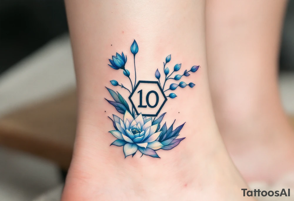 Small Feminine simple Dotted Line hexagon with Leo astrological symbol surrounded by larkspurs and water lilies tattoo idea