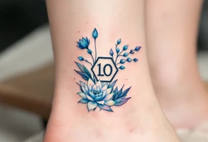 Small Feminine simple Dotted Line hexagon with Leo astrological symbol surrounded by larkspurs and water lilies tattoo idea