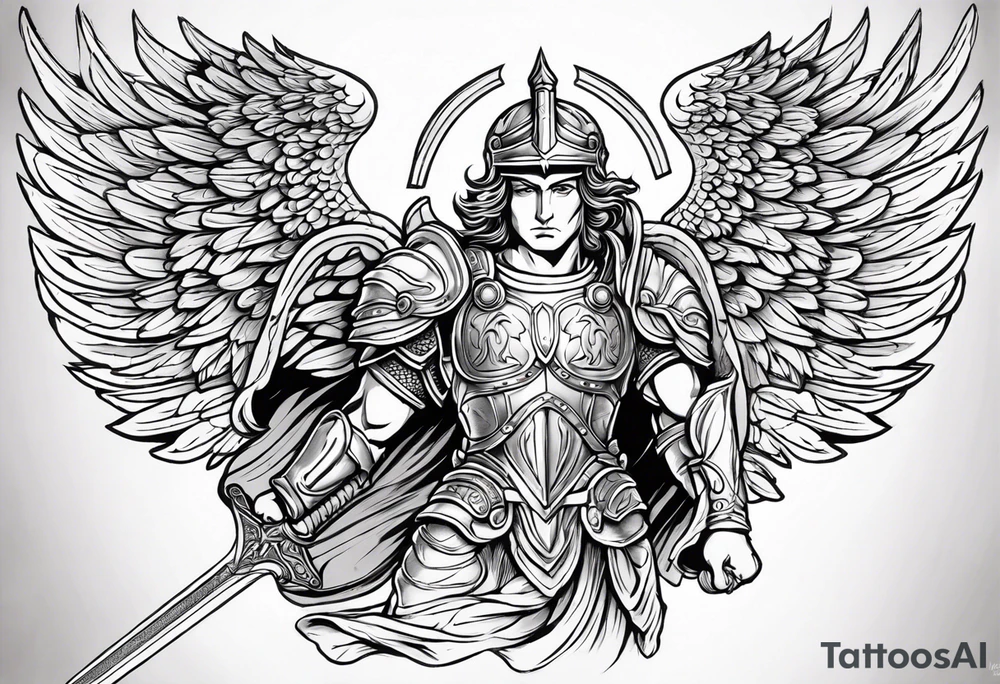 **Tattoo Design: Archangel Michael**

- **Central Theme**: Archangel Michael, majestic and powerful, stands ready with a raised sword, prepared to battle evil.
- **Appearance**: The figure of Archangel Michael depicted in full angelic armor, with majestic wings spread wide.
- **Expression**: His stance conveys strength, courage, and determination in defense of good.
- **Details**: Focus on intricate details such as facial features, armor embellishments, and the raised sword.
- **Background**: May be stylized as celestial, with rays of light or clouds, accentuating the divine presence of Archangel Michael.
- **Placement**: Intended for placement on the chosen body area, with the option to adjust the size according to personal preferences. tattoo idea