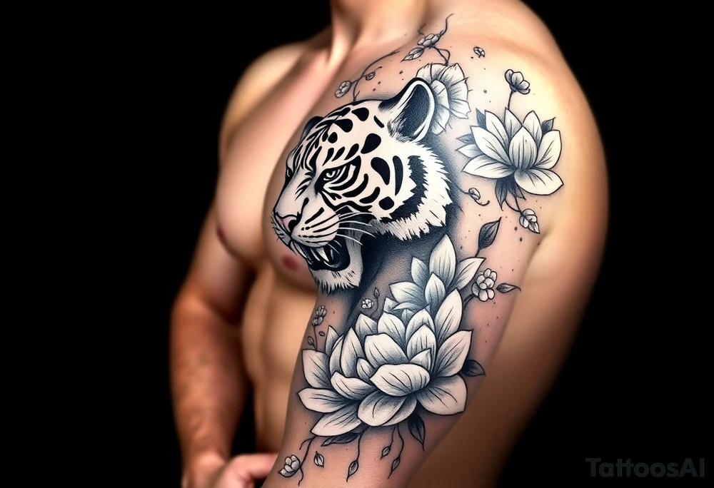 fierce tiger emerging through blooming lotus flowers in mist tattoo idea