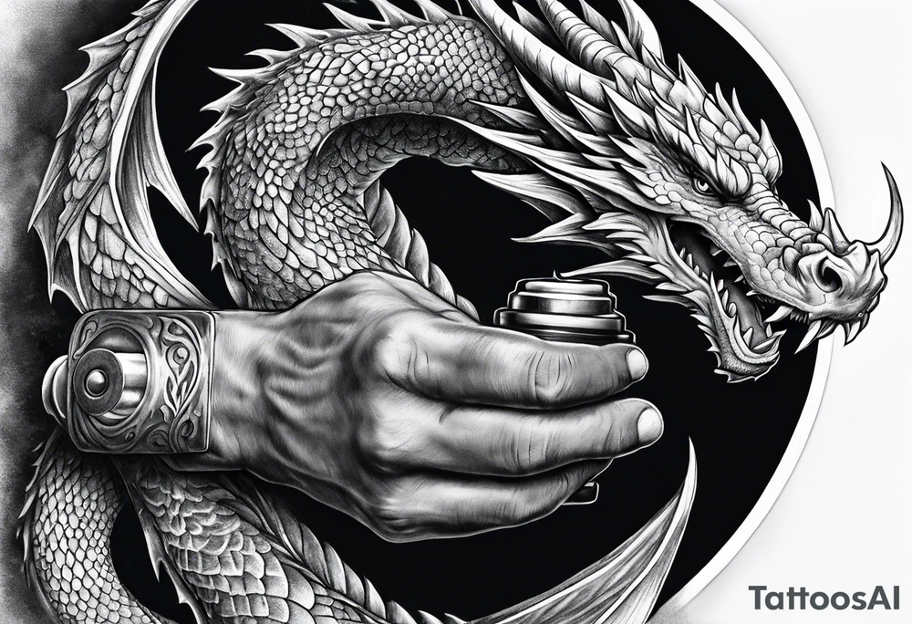 Hand of dragon with dumbbell tattoo idea