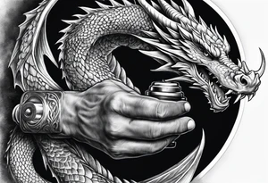 Hand of dragon with dumbbell tattoo idea