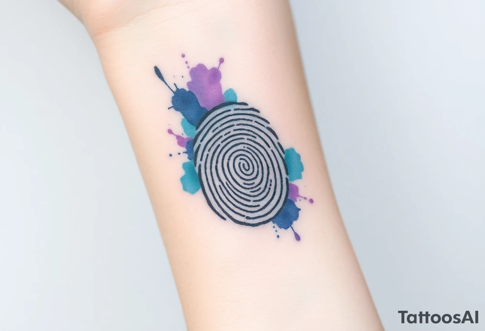 A fingerprint dissolving into soft watercolor splashes in blue and lavender, symbolizing fluidity and emotional depth tattoo idea