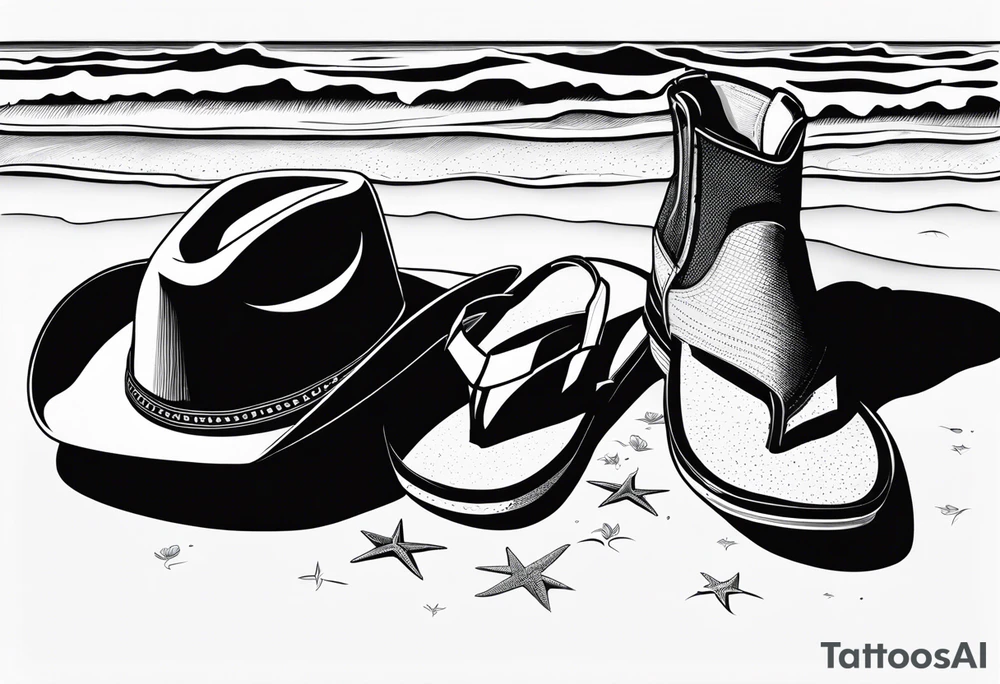 A pair of flip flops, a pair of mens boots, and a cowboyhat on the Beach. Keep it simple tattoo idea