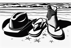 A pair of flip flops, a pair of mens boots, and a cowboyhat on the Beach. Keep it simple tattoo idea