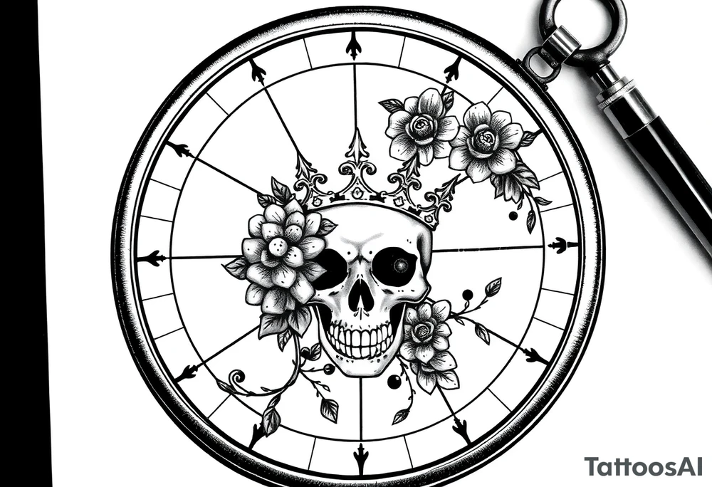 Compass with detailed beautiful gothic boho flowers on vine and skull with gorgeous crown tattoo idea