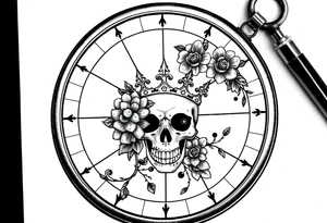 Compass with detailed beautiful gothic boho flowers on vine and skull with gorgeous crown tattoo idea