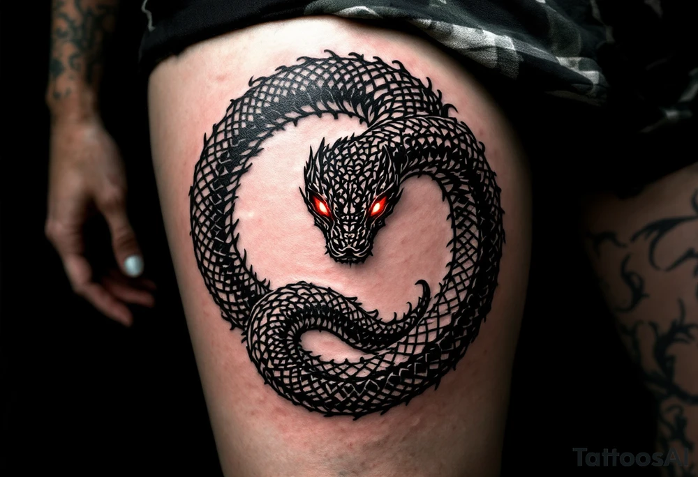 A circle created by a coiled black snake with red eyes, forming an ouroboros. tattoo idea