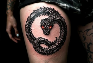 A circle created by a coiled black snake with red eyes, forming an ouroboros. tattoo idea