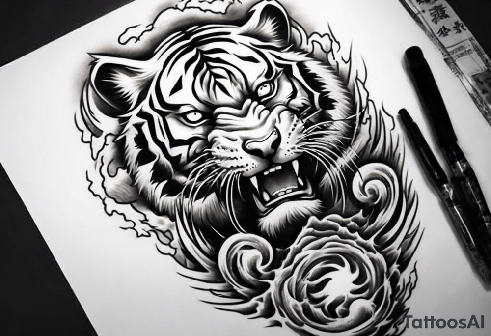 Tiger Warrior sleeve tattoo with lightning and the sun
Forearm sleeve tattoo idea