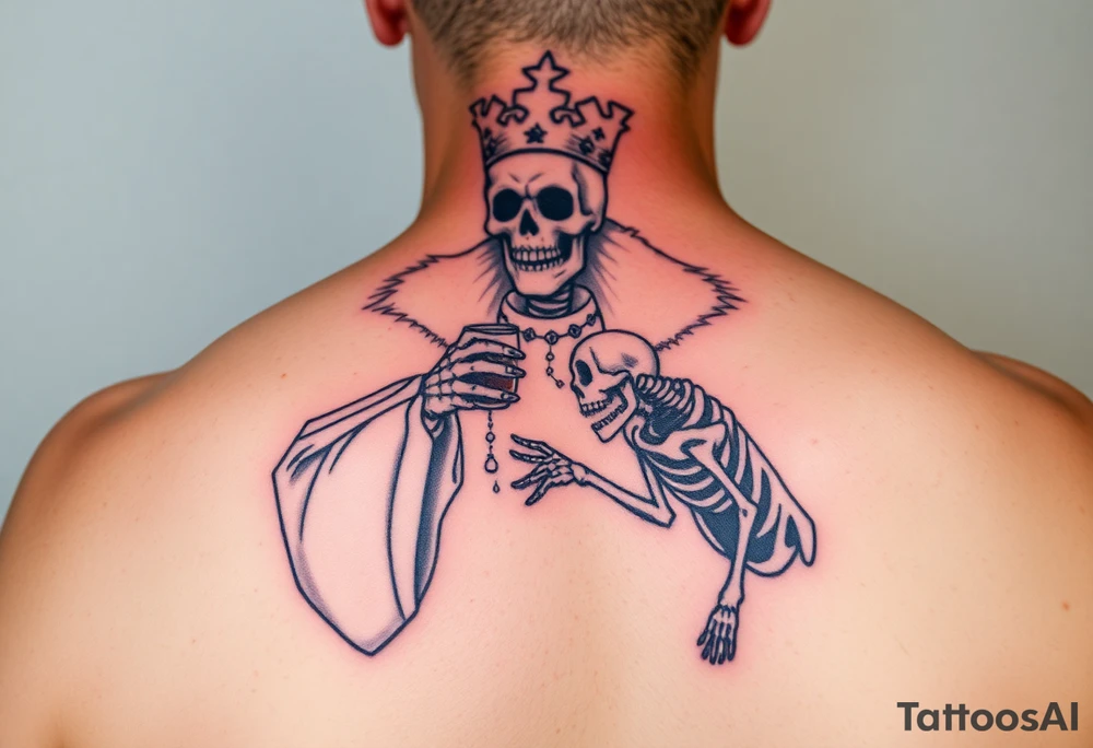 evil skeleton king in clothes having a good time getting drunk with skeleton dog tattoo idea