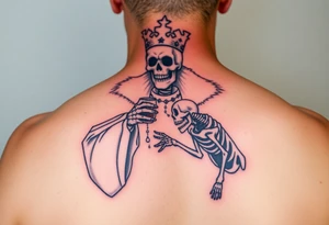 evil skeleton king in clothes having a good time getting drunk with skeleton dog tattoo idea