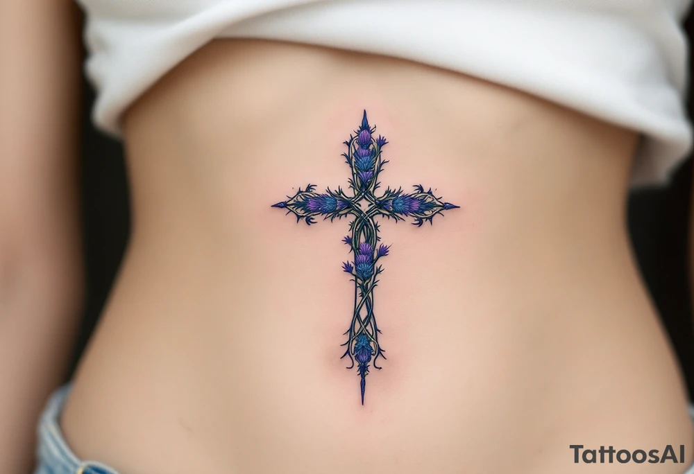 A Celtic cross covered in blue and purple thistles, representing resilience and Scottish heritage. tattoo idea