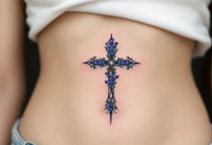 A Celtic cross covered in blue and purple thistles, representing resilience and Scottish heritage. tattoo idea