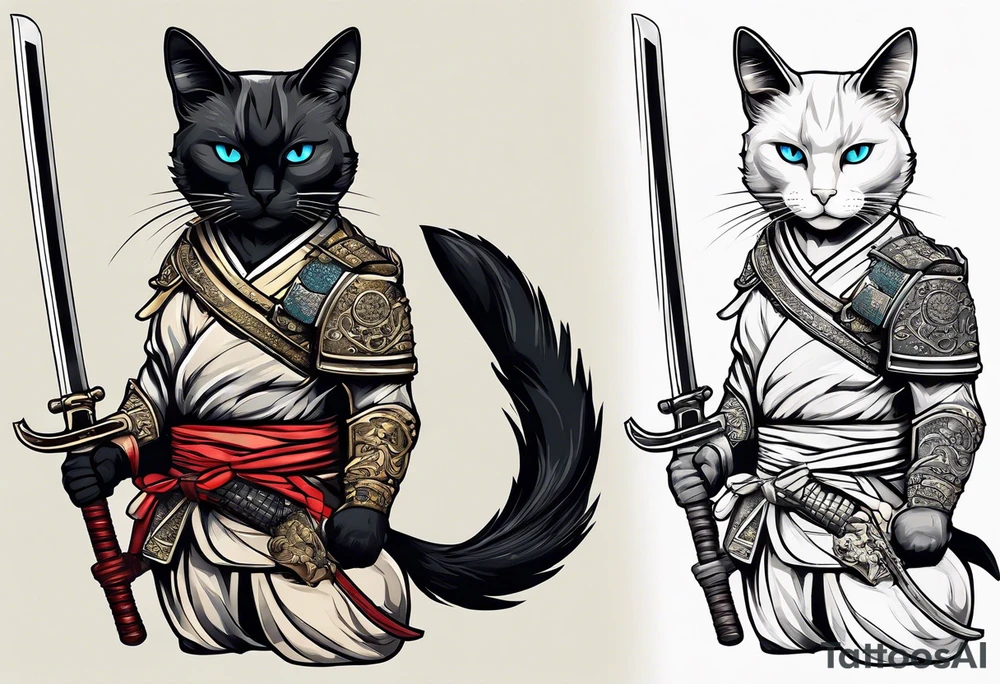 A siamese cat standing up wearing a samurai armor and holding a katana tattoo idea