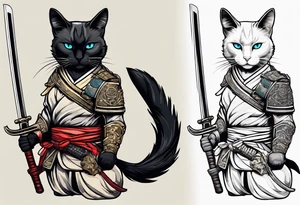 A siamese cat standing up wearing a samurai armor and holding a katana tattoo idea