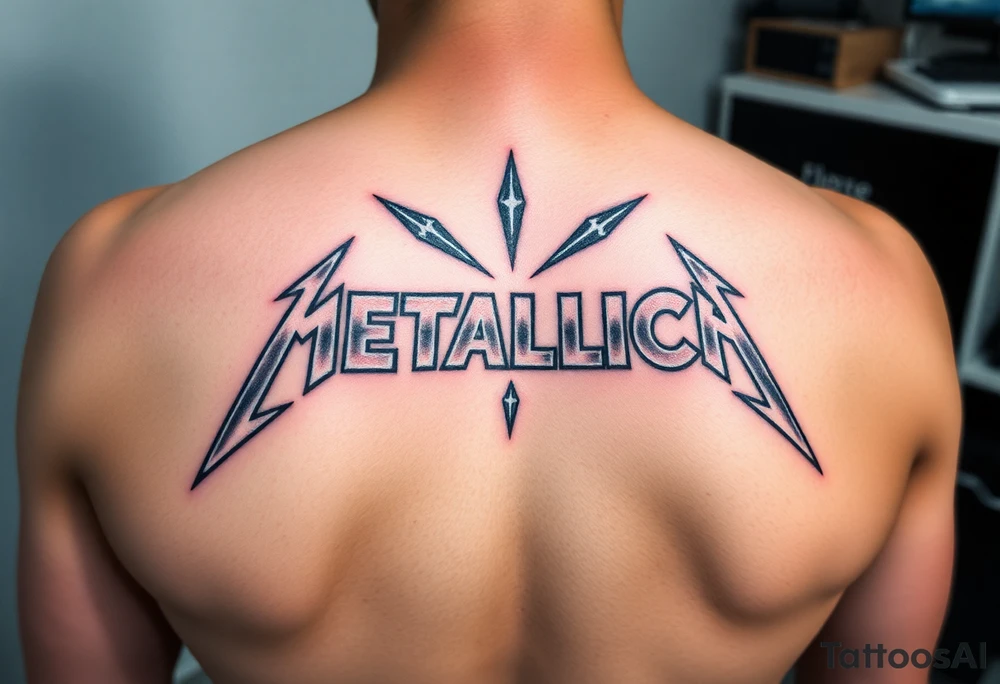 A detailed depiction of the "Metallica" logo in a sharp, angular font, surrounded by shards of shattered glass, glowing with metallic silver and dark shadows tattoo idea