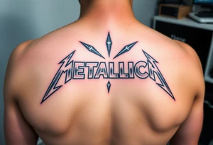 A detailed depiction of the "Metallica" logo in a sharp, angular font, surrounded by shards of shattered glass, glowing with metallic silver and dark shadows tattoo idea