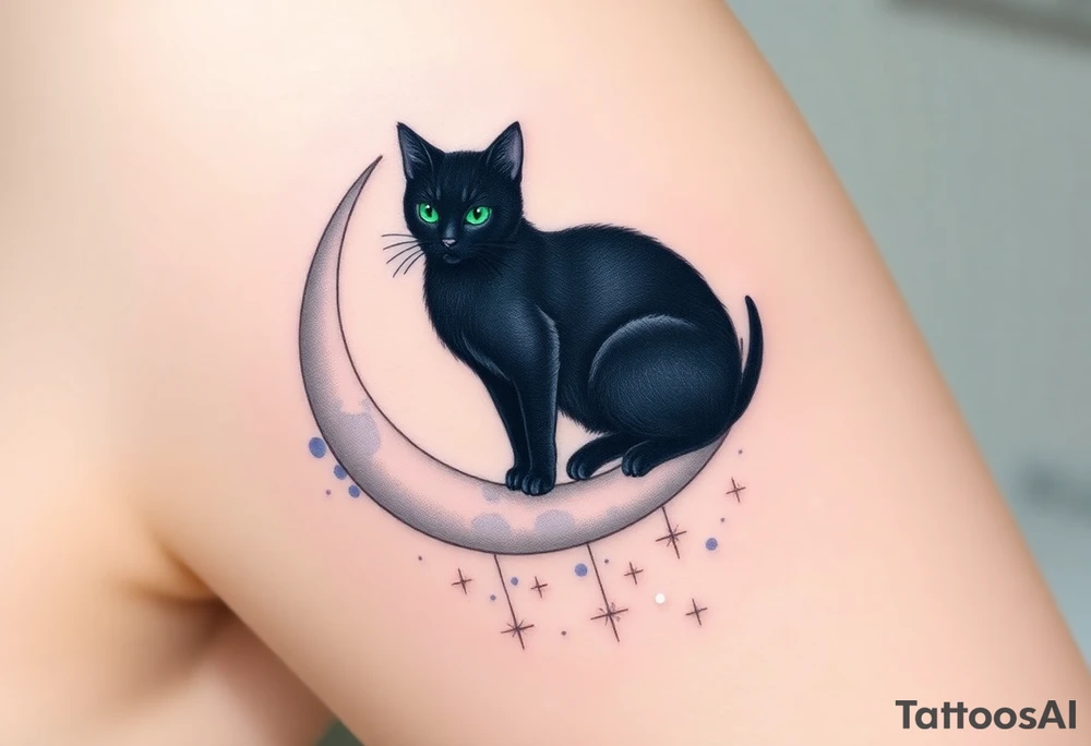 A sleek black cat sitting gracefully on a crescent moon, surrounded by a field of small, glowing stars. The cat's eyes are a bright emerald green, creating a striking contrast against its dark fur. The moon is a soft silver with a subtle gradient, transitioning from pale gray at the top to white at the bottom. Around the stars, there are gentle watercolor splashes in shades of midnight blue and deep purple, giving the design a dreamy, cosmic feel. The tattoo would have a mystical, enchanting vibe, symbolizing independence, intuition, and mystery. tattoo idea