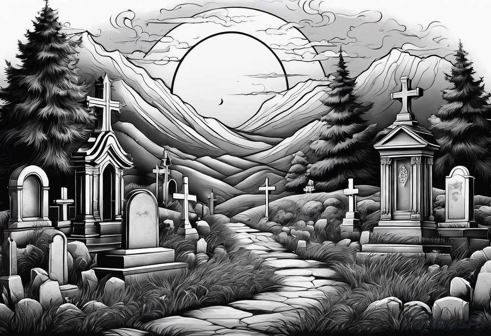 Cemetery on hills with smoke and moon tattoo idea