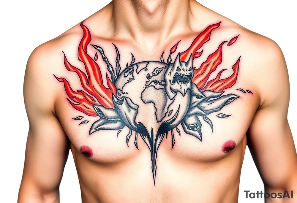 toxic world on fire tattoo idea