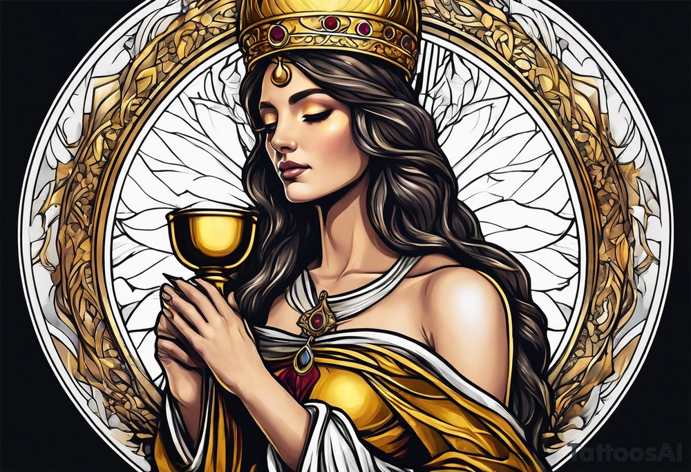 holy saint woman turned away with golden halo holding a chalice tattoo idea