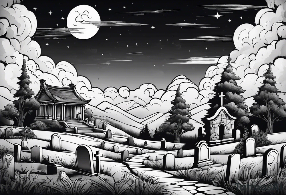 Graveyard with moon and smoke  on hills tattoo idea