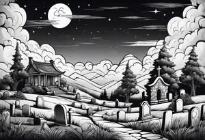 Graveyard with moon and smoke  on hills tattoo idea
