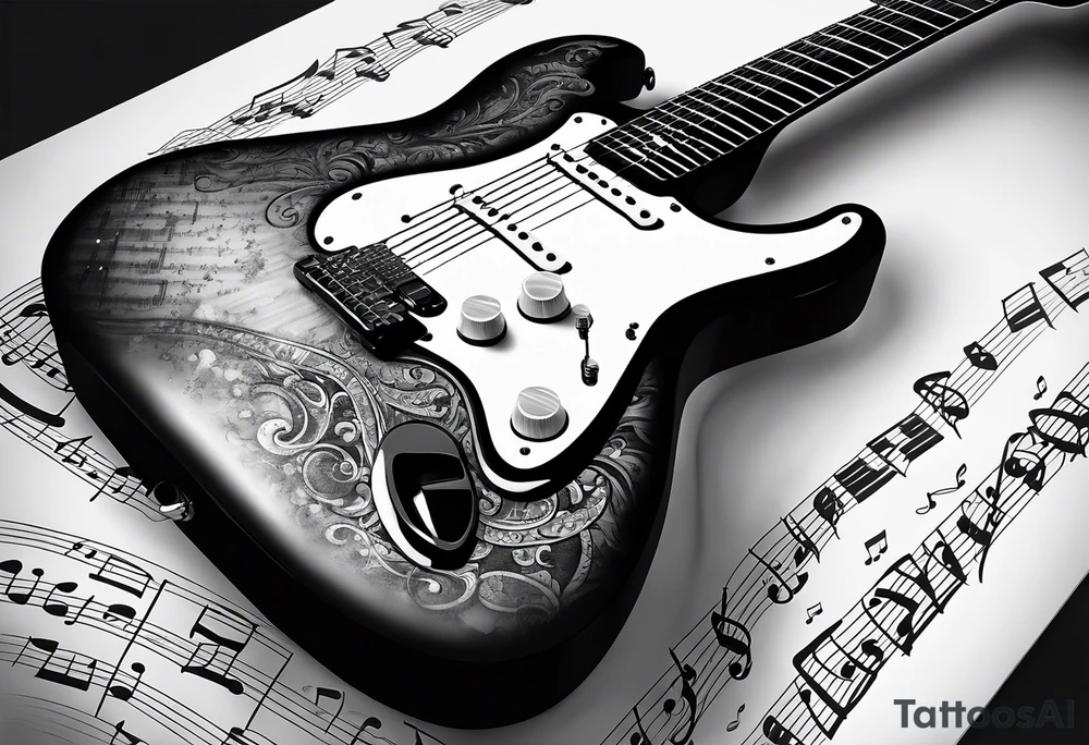 Electric guitar fading into sheet music tattoo idea