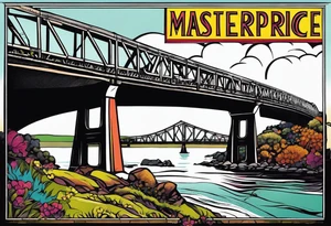 70's poster art, pop art, simple, view from under cantilever bridge tattoo idea