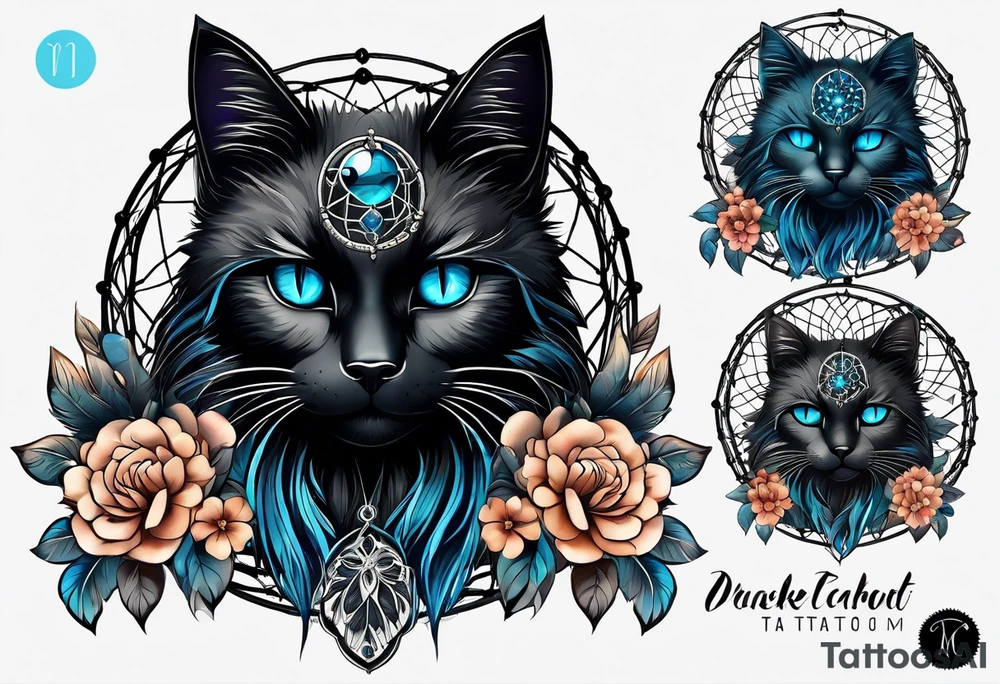 Black cat entwined in a elegant dream catcher that has flowers an long flowing feathers on dream catcher. Black cat eyes in neon blue an small neon blue detail in catcher tattoo idea